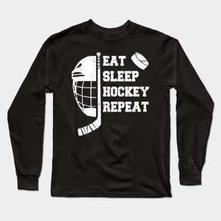 Eat Sleep Hockey Repeat Custom Hockey Player Name Hockey Lovers Gift Half Hockey Helmet with Ice Hockey Stick and Puck Long Sleeve T-Shirt